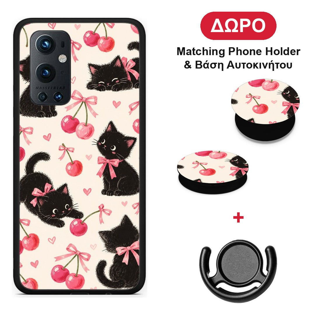 Black Kittens and Cherries on Cream - OnePlus 9 Pro θήκη + Δώρο Phone Holder & Βάση Αυτοκινήτου