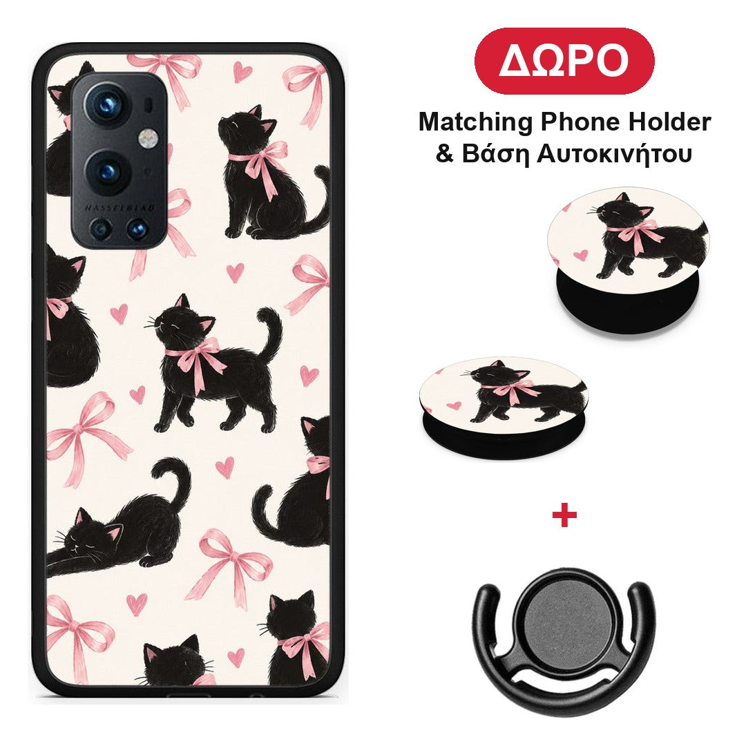 Black Kittens and Pink Bows on Cream Large - OnePlus 9 Pro θήκη + Δώρο Phone Holder & Βάση Αυτοκινήτου