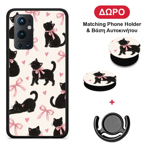 Black Kittens and Pink Bows on Cream Large - OnePlus 9 Pro θήκη + Δώρο Phone Holder & Βάση Αυτοκινήτου