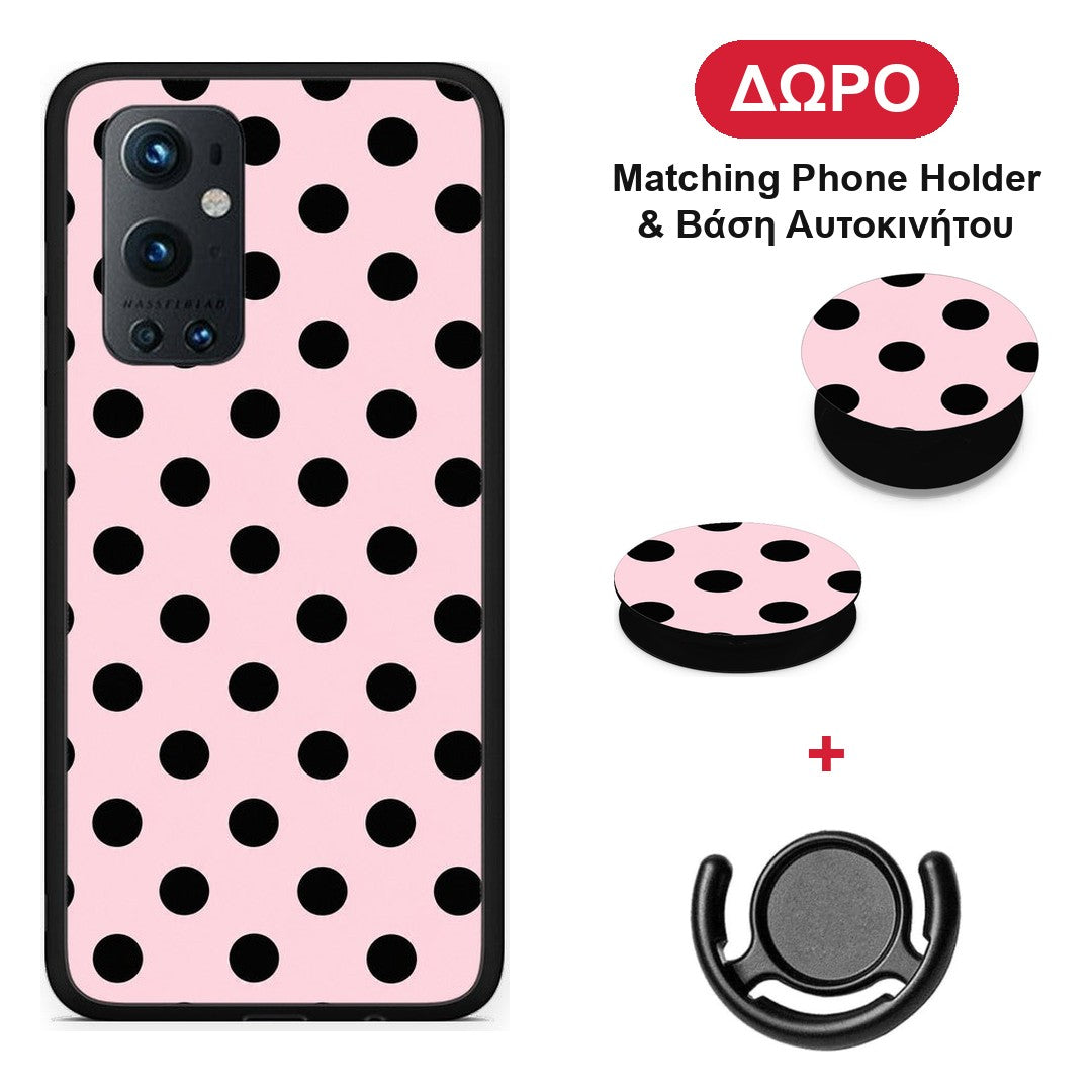 Black Polka Dots on Pink - OnePlus 9 Pro θήκη + Δώρο Phone Holder & Βάση Αυτοκινήτου