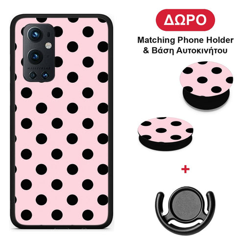 Black Polka Dots on Pink - OnePlus 9 Pro θήκη + Δώρο Phone Holder & Βάση Αυτοκινήτου