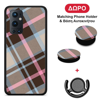 Brown Pink and Blue Diagonal Plaid - OnePlus 9 Pro θήκη + Δώρο Phone Holder & Βάση Αυτοκινήτου