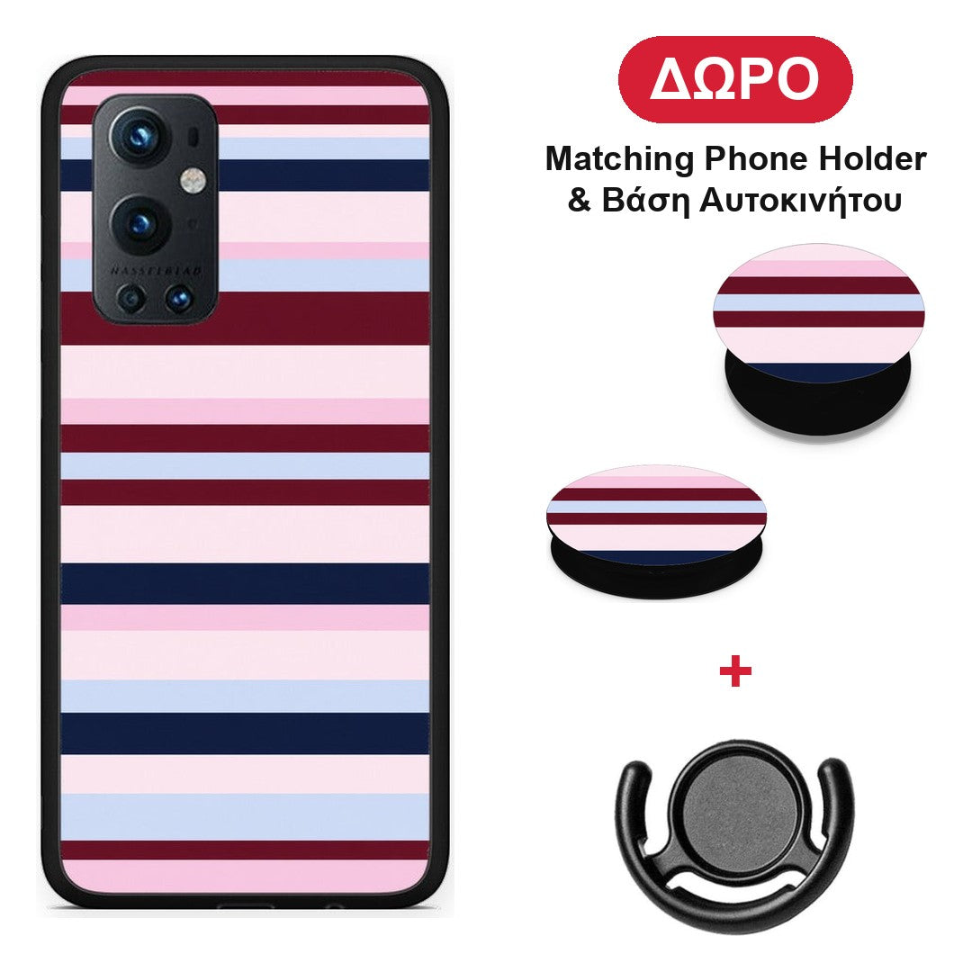 Burgundy Pink and Blue Horizontal Stripes - OnePlus 9 Pro θήκη + Δώρο Phone Holder & Βάση Αυτοκινήτου