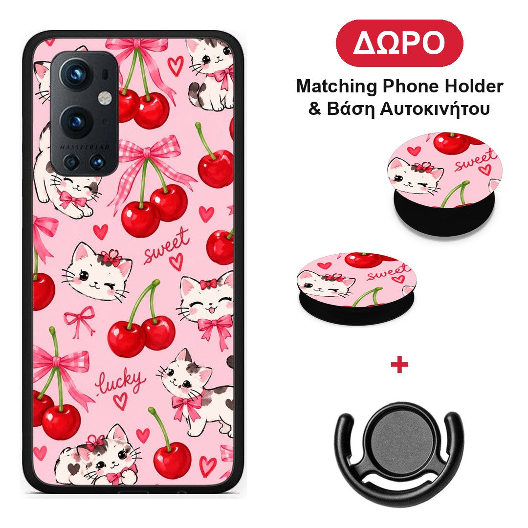 Cherries Bows and Kittens on Pink - OnePlus 9 Pro θήκη + Δώρο Phone Holder & Βάση Αυτοκινήτου
