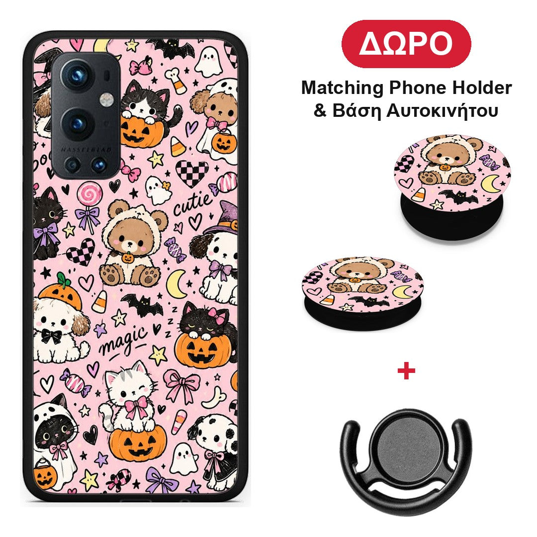 Halloween Cute Animals on Pink - OnePlus 9 Pro θήκη + Δώρο Phone Holder & Βάση Αυτοκινήτου