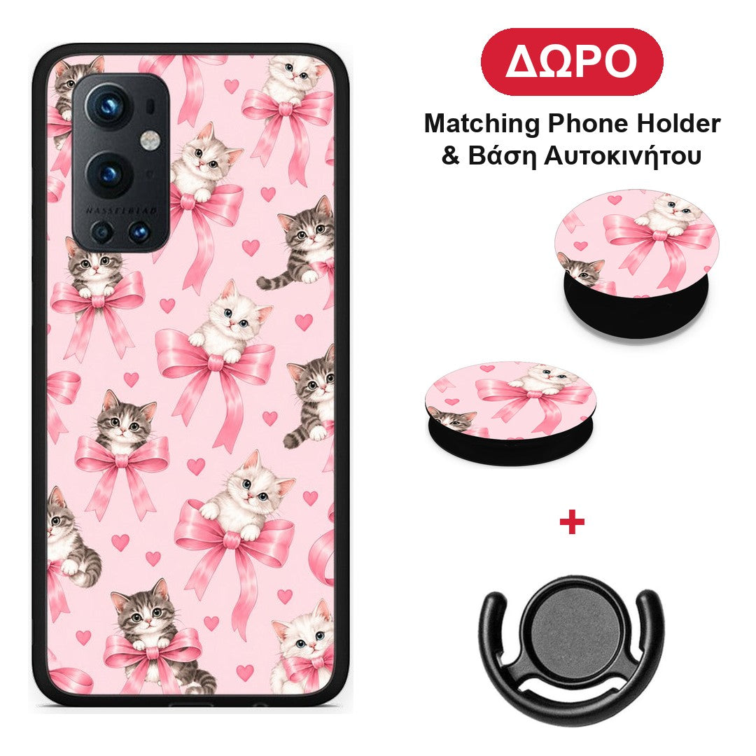 Kittens and Pink Bows on Pink - OnePlus 9 Pro θήκη + Δώρο Phone Holder & Βάση Αυτοκινήτου