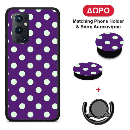 Mint Polka Dots on Purple - OnePlus 9 Pro θήκη + Δώρο Phone Holder & Βάση Αυτοκινήτου