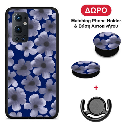 Pale Blue Flowers on Navy - OnePlus 9 Pro θήκη + Δώρο Phone Holder & Βάση Αυτοκινήτου