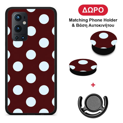Pale Blue Large Polka Dots on Burgundy - OnePlus 9 Pro θήκη + Δώρο Phone Holder & Βάση Αυτοκινήτου
