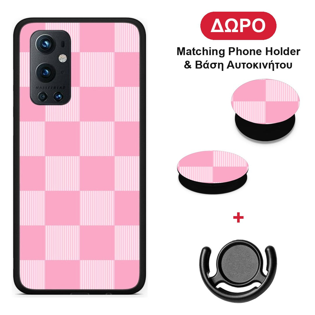 Pink and White Striped Checks - OnePlus 9 Pro θήκη + Δώρο Phone Holder & Βάση Αυτοκινήτου