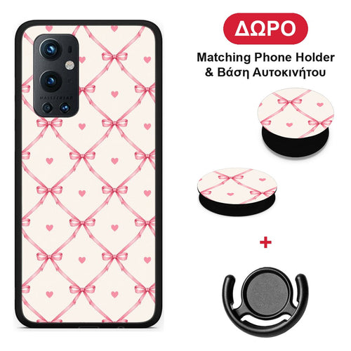 Pink Bow Lattice and Hearts on Cream - OnePlus 9 Pro θήκη + Δώρο Phone Holder & Βάση Αυτοκινήτου