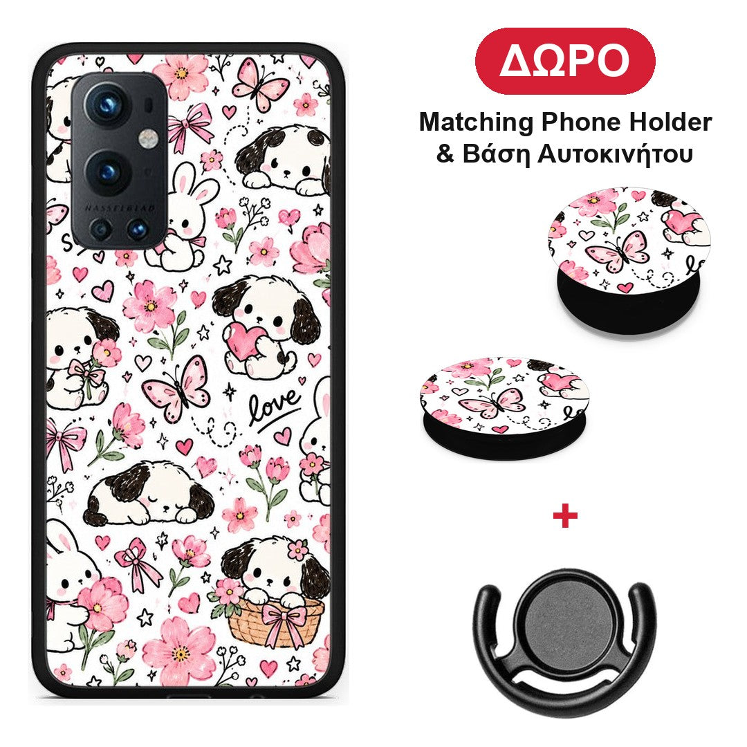 Pink Florals Puppies and Bunnies on White - OnePlus 9 Pro θήκη + Δώρο Phone Holder & Βάση Αυτοκινήτου