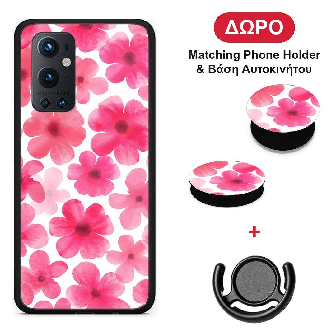 Pink Watercolour Flowers on White - OnePlus 9 Pro θήκη + Δώρο Phone Holder & Βάση Αυτοκινήτου