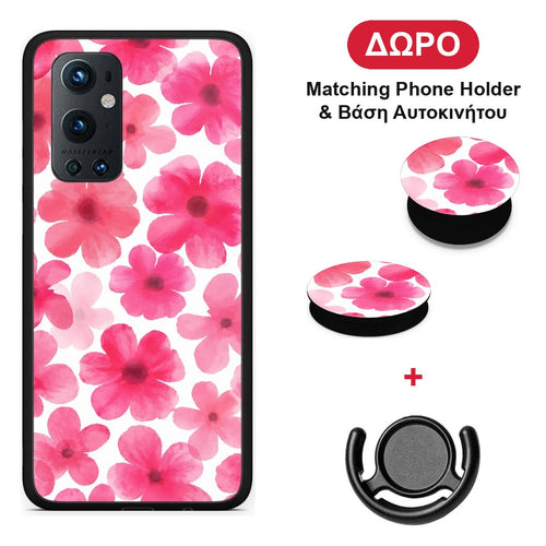 Pink Watercolour Flowers on White - OnePlus 9 Pro θήκη + Δώρο Phone Holder & Βάση Αυτοκινήτου