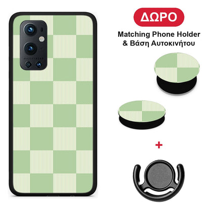 Sage and Cream Striped Checks - OnePlus 9 Pro θήκη + Δώρο Phone Holder & Βάση Αυτοκινήτου