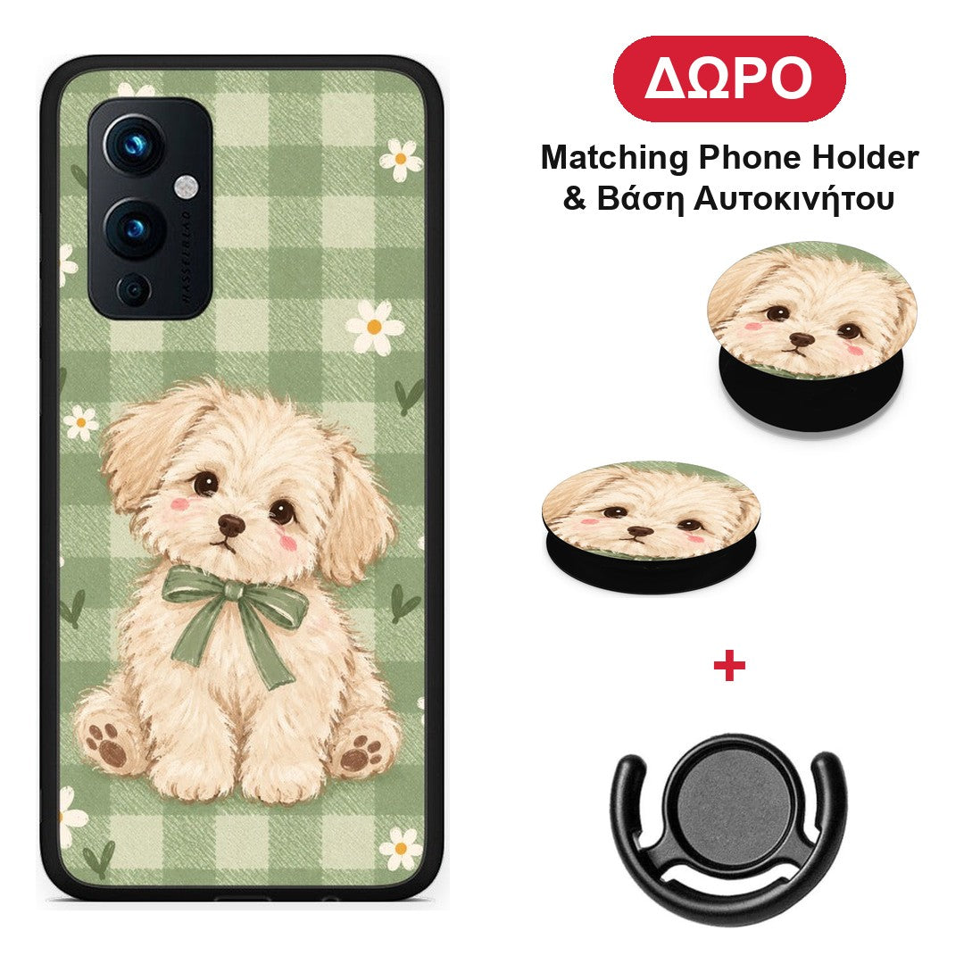 Puppy and Daisies on Sage Gingham - OnePlus 9 θήκη + Δώρο Phone Holder & Βάση Αυτοκινήτου