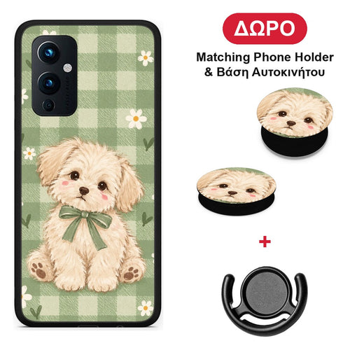 Puppy and Daisies on Sage Gingham - OnePlus 9 θήκη + Δώρο Phone Holder & Βάση Αυτοκινήτου