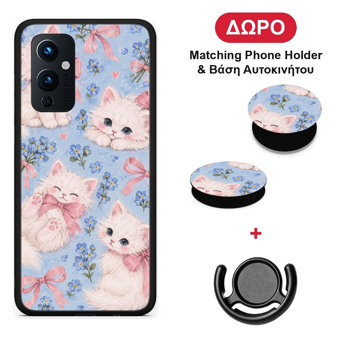 White Kittens and Blue Flowers Large - OnePlus 9 θήκη + Δώρο Phone Holder & Βάση Αυτοκινήτου