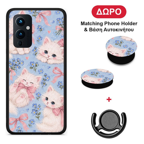 White Kittens and Blue Flowers Large - OnePlus 9 θήκη + Δώρο Phone Holder & Βάση Αυτοκινήτου