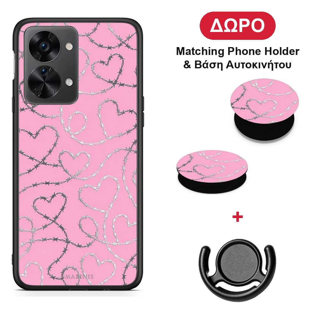 Barbed Wire Hearts on Pink - OnePlus Nord 2T θήκη + Δώρο Phone Holder & Βάση Αυτοκινήτου