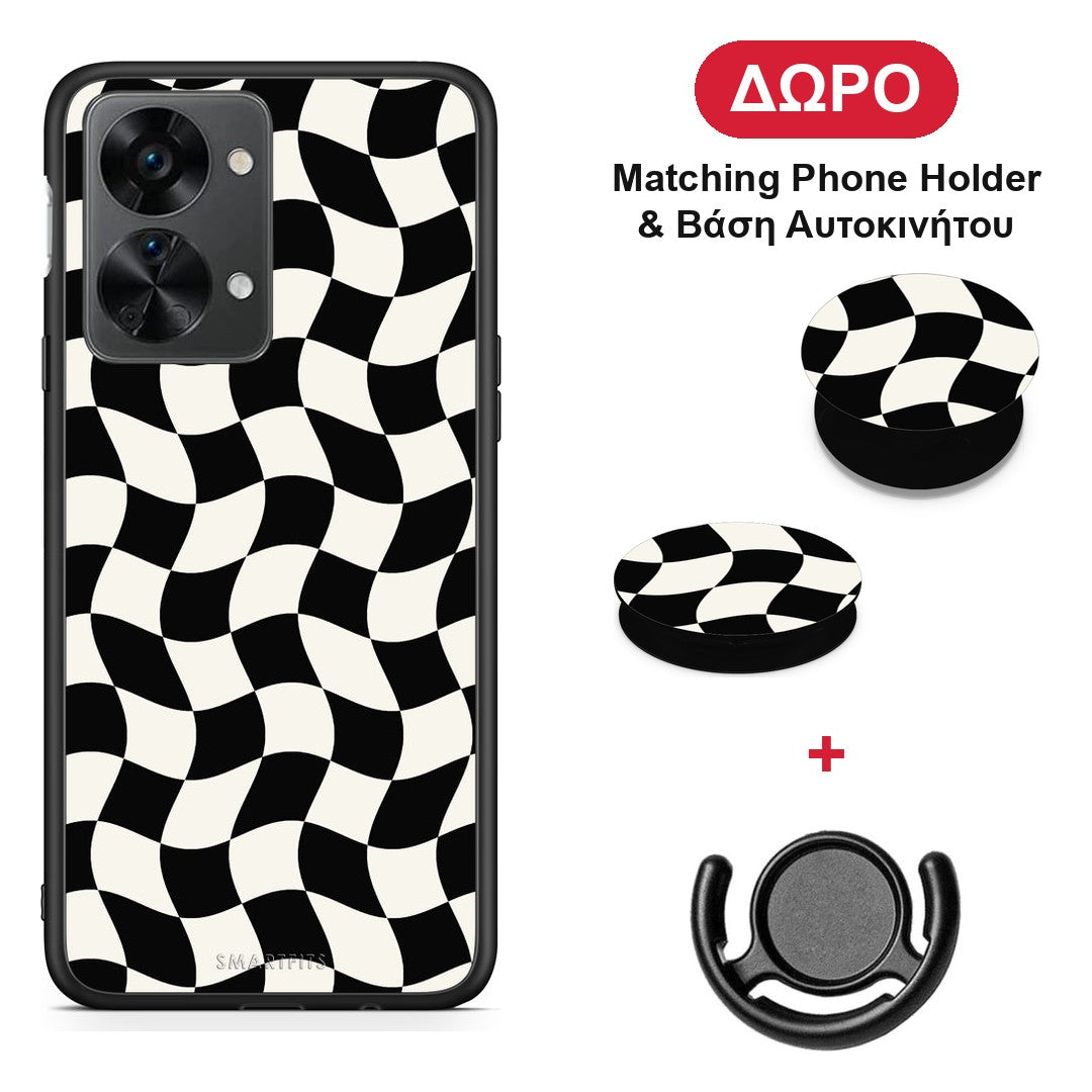 Black and Cream Wavy Checkerboard - OnePlus Nord 2T θήκη + Δώρο Phone Holder & Βάση Αυτοκινήτου