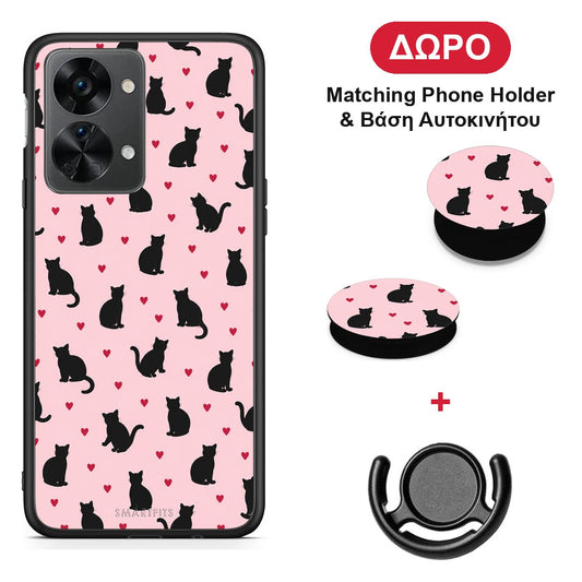 Black Cat Silhouettes and Hearts on Pink - OnePlus Nord 2T θήκη + Δώρο Phone Holder & Βάση Αυτοκινήτου