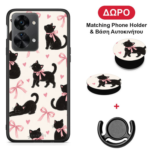 Black Kittens and Pink Bows on Cream Large - OnePlus Nord 2T θήκη + Δώρο Phone Holder & Βάση Αυτοκινήτου