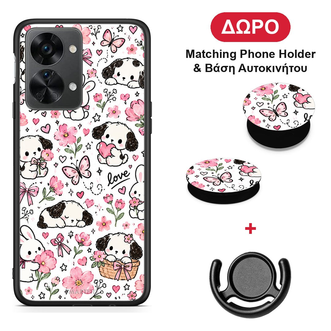 Pink Florals Puppies and Bunnies on White - OnePlus Nord 2T θήκη + Δώρο Phone Holder & Βάση Αυτοκινήτου