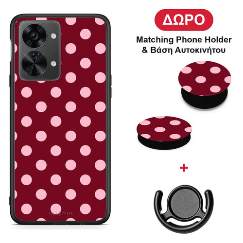 Pink Polka Dots on Burgundy - OnePlus Nord 2T θήκη + Δώρο Phone Holder & Βάση Αυτοκινήτου