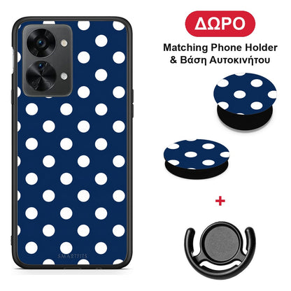 White Large Polka Dots on Navy - OnePlus Nord 2T θήκη + Δώρο Phone Holder & Βάση Αυτοκινήτου