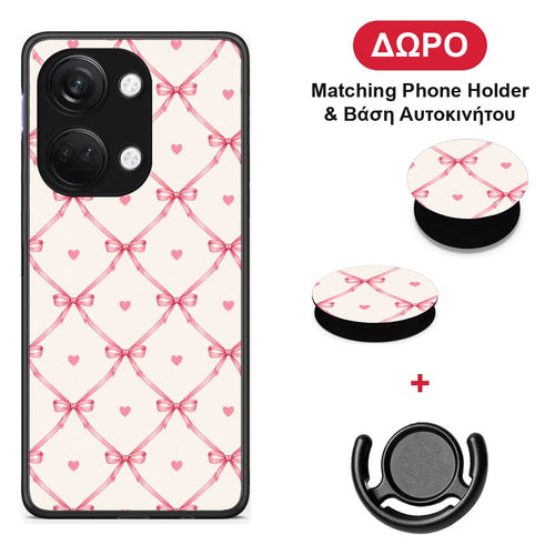 Pink Bow Lattice and Hearts on Cream - OnePlus Nord 3 θήκη + Δώρο Phone Holder & Βάση Αυτοκινήτου