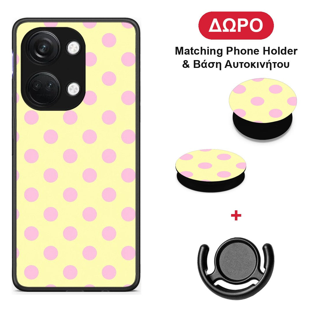 Pink Polka Dots on Yellow - OnePlus Nord 3 θήκη + Δώρο Phone Holder & Βάση Αυτοκινήτου