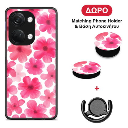 Pink Watercolour Flowers on White - OnePlus Nord 3 θήκη + Δώρο Phone Holder & Βάση Αυτοκινήτου