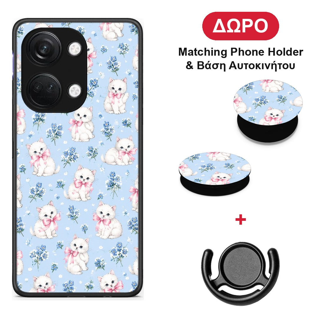 White Kittens and Blue Flowers Small - OnePlus Nord 3 θήκη + Δώρο Phone Holder & Βάση Αυτοκινήτου