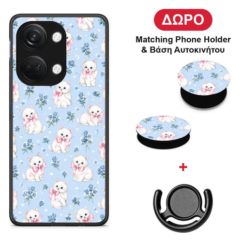 White Kittens and Blue Flowers Small - OnePlus Nord 3 θήκη + Δώρο Phone Holder & Βάση Αυτοκινήτου