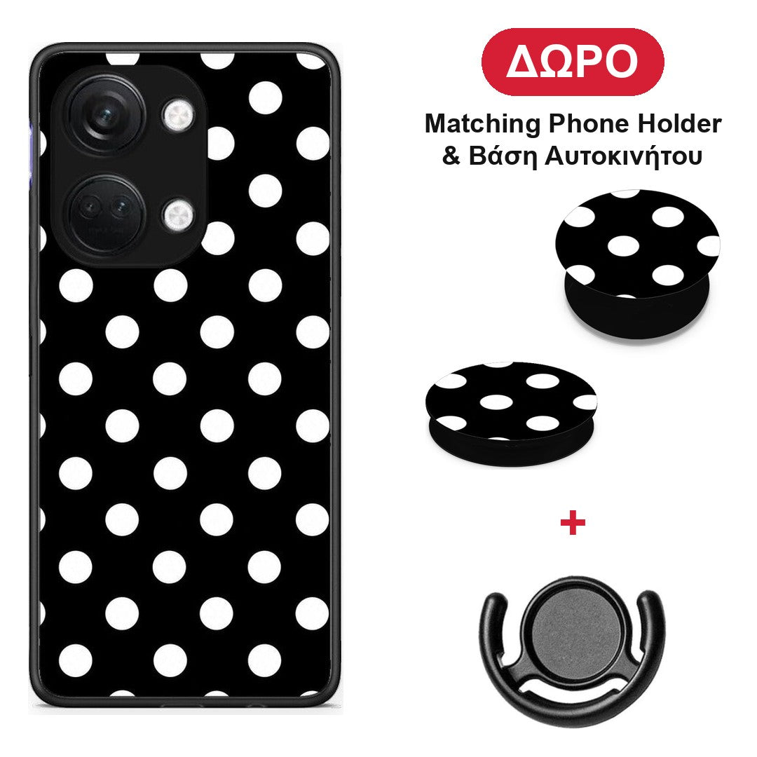 White Polka Dots on Black - OnePlus Nord 3 θήκη + Δώρο Phone Holder & Βάση Αυτοκινήτου