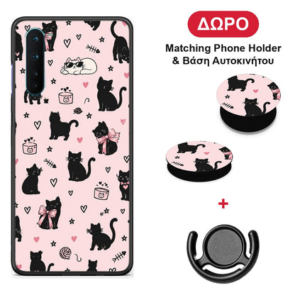 Black Cat Doodles on Pink - OnePlus Nord 5G θήκη + Δώρο Phone Holder & Βάση Αυτοκινήτου