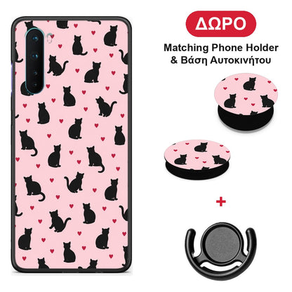 Black Cat Silhouettes and Hearts on Pink - OnePlus Nord 5G θήκη + Δώρο Phone Holder & Βάση Αυτοκινήτου