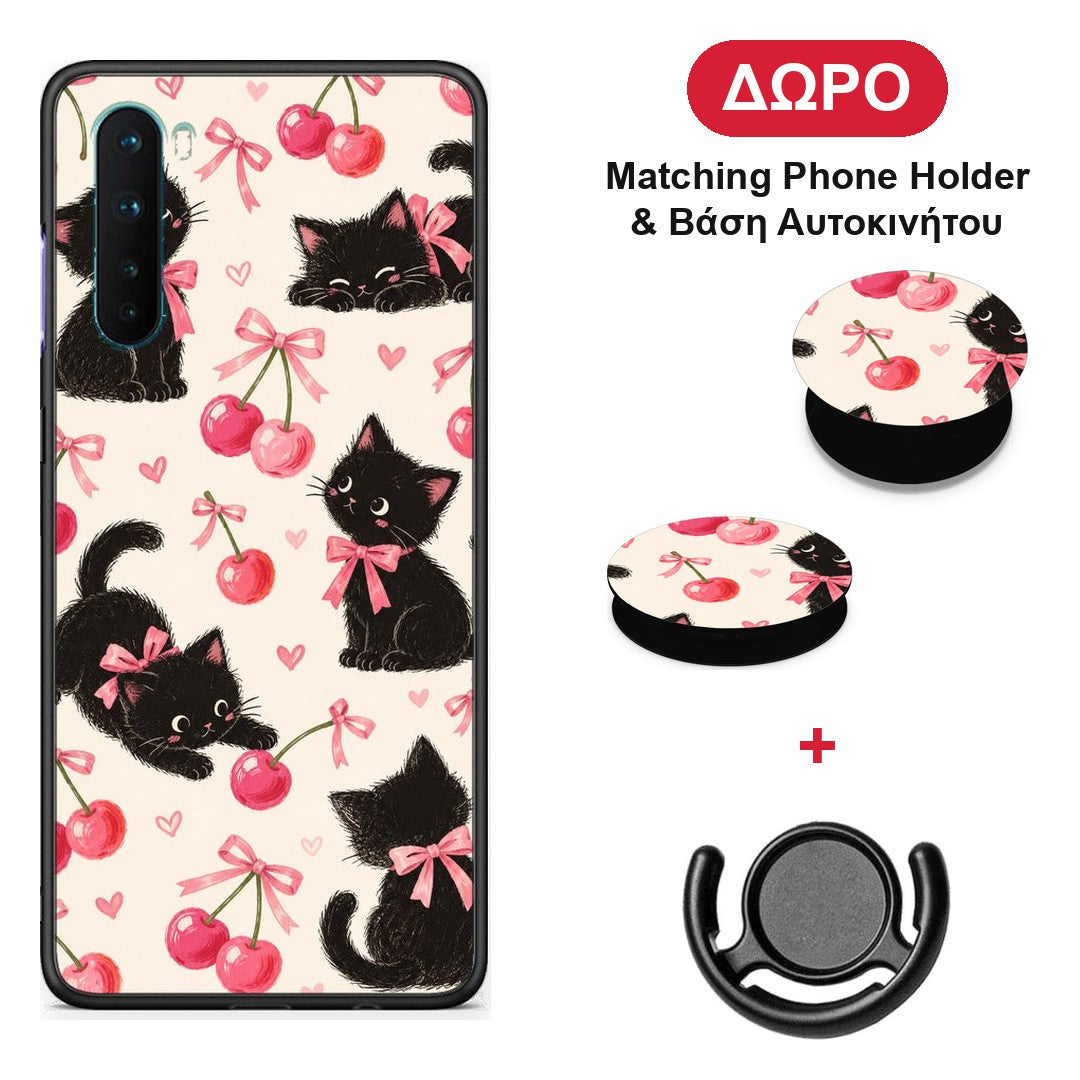 Black Kittens and Cherries on Cream - OnePlus Nord 5G θήκη + Δώρο Phone Holder & Βάση Αυτοκινήτου