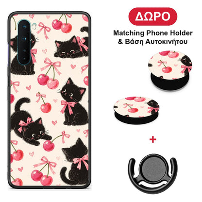 Black Kittens and Cherries on Cream - OnePlus Nord 5G θήκη + Δώρο Phone Holder & Βάση Αυτοκινήτου