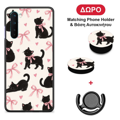 Black Kittens and Pink Bows on Cream Large - OnePlus Nord 5G θήκη + Δώρο Phone Holder & Βάση Αυτοκινήτου