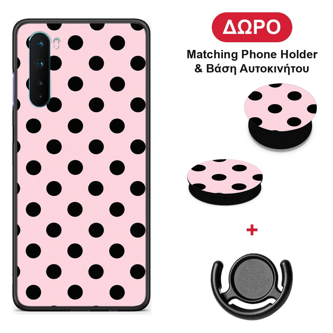 Black Polka Dots on Pink - OnePlus Nord 5G θήκη + Δώρο Phone Holder & Βάση Αυτοκινήτου