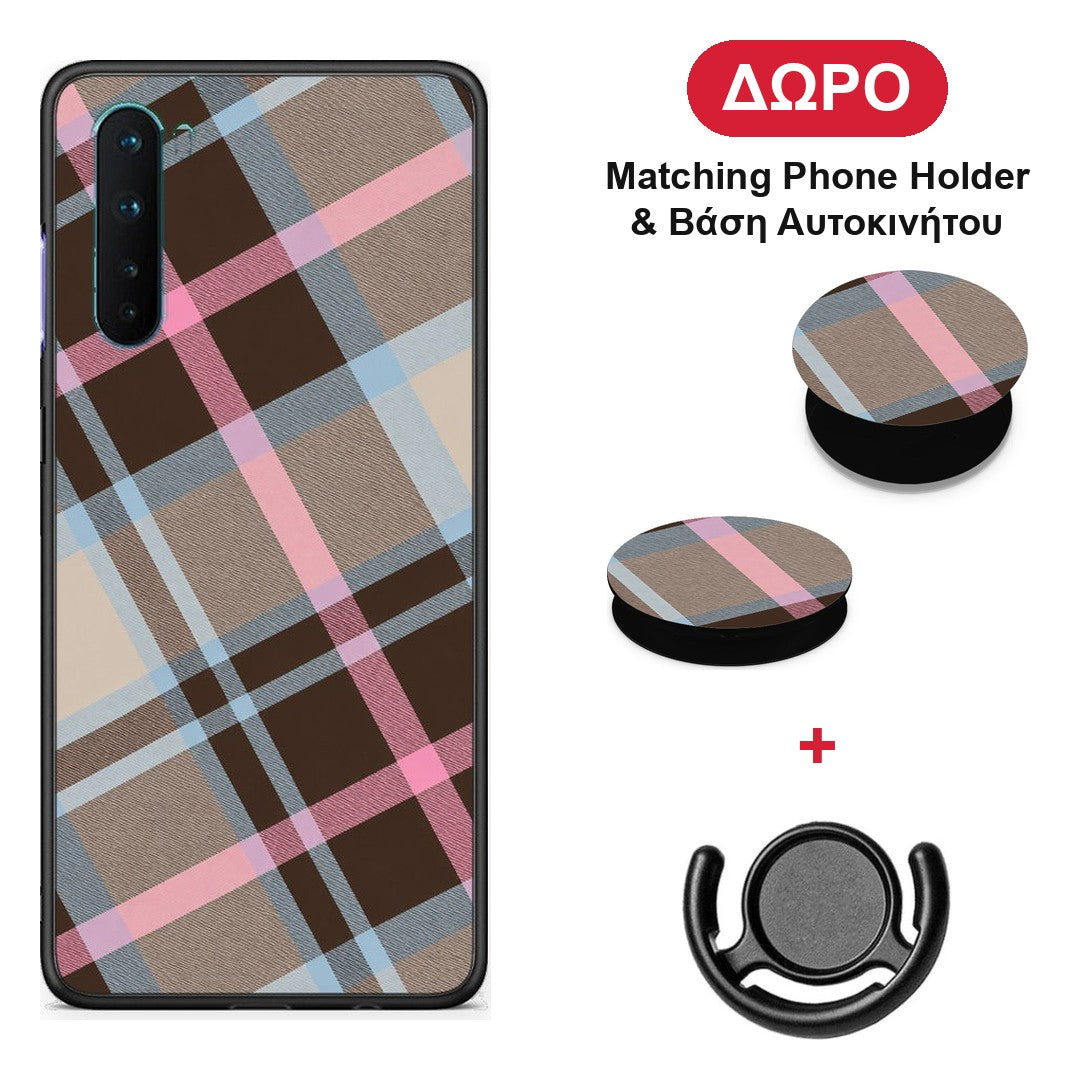 Brown Pink and Blue Diagonal Plaid - OnePlus Nord 5G θήκη + Δώρο Phone Holder & Βάση Αυτοκινήτου