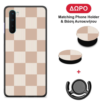 Latte and Cream Striped Checks - OnePlus Nord 5G θήκη + Δώρο Phone Holder & Βάση Αυτοκινήτου