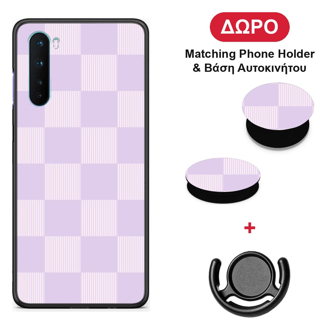 Lilac and Cream Striped Checks - OnePlus Nord 5G θήκη + Δώρο Phone Holder & Βάση Αυτοκινήτου