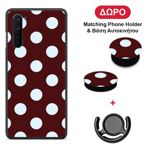 Pale Blue Large Polka Dots on Burgundy - OnePlus Nord 5G θήκη + Δώρο Phone Holder & Βάση Αυτοκινήτου