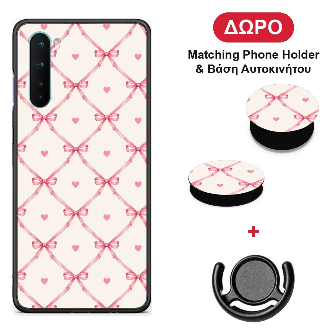 Pink Bow Lattice and Hearts on Cream - OnePlus Nord 5G θήκη + Δώρο Phone Holder & Βάση Αυτοκινήτου
