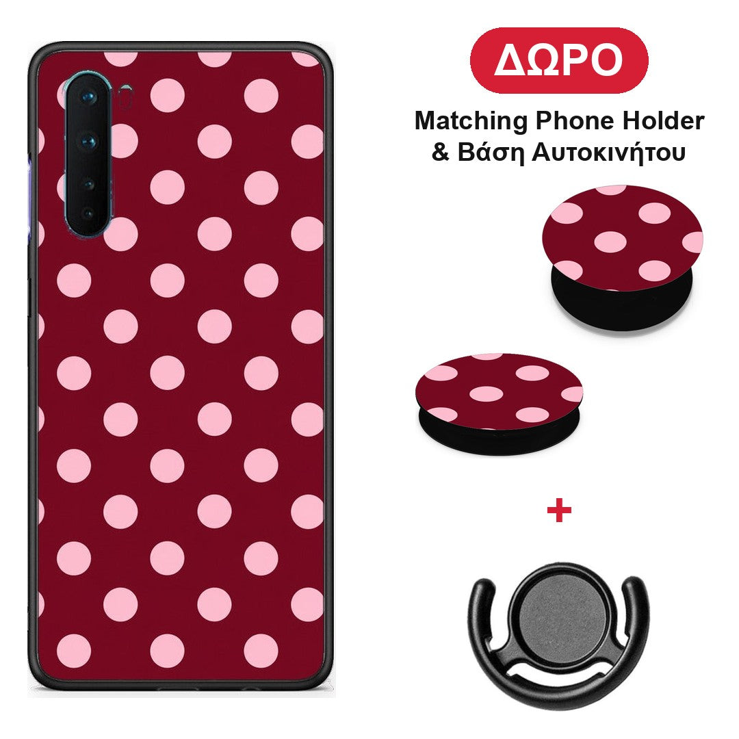 Pink Polka Dots on Burgundy - OnePlus Nord 5G θήκη + Δώρο Phone Holder & Βάση Αυτοκινήτου