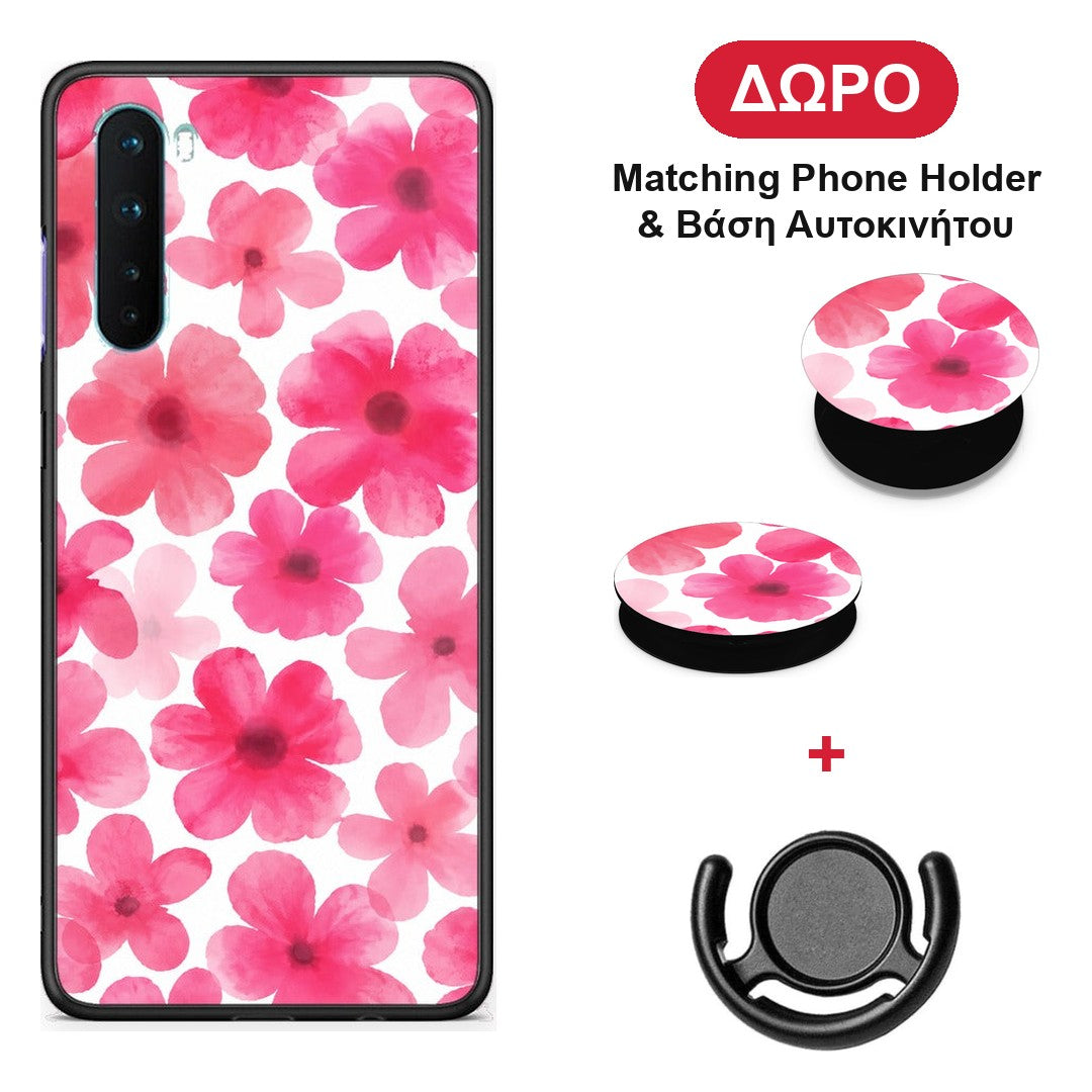 Pink Watercolour Flowers on White - OnePlus Nord 5G θήκη + Δώρο Phone Holder & Βάση Αυτοκινήτου