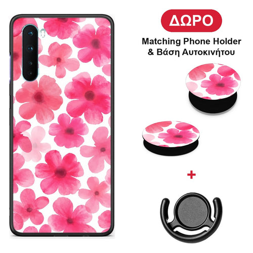 Pink Watercolour Flowers on White - OnePlus Nord 5G θήκη + Δώρο Phone Holder & Βάση Αυτοκινήτου